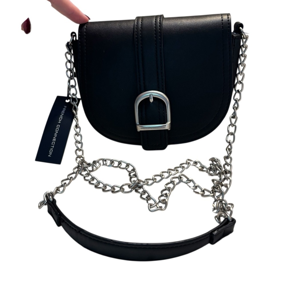 NWT French Connection Crossbody Black with Silver Chain Strap PVC Silver Hardwre